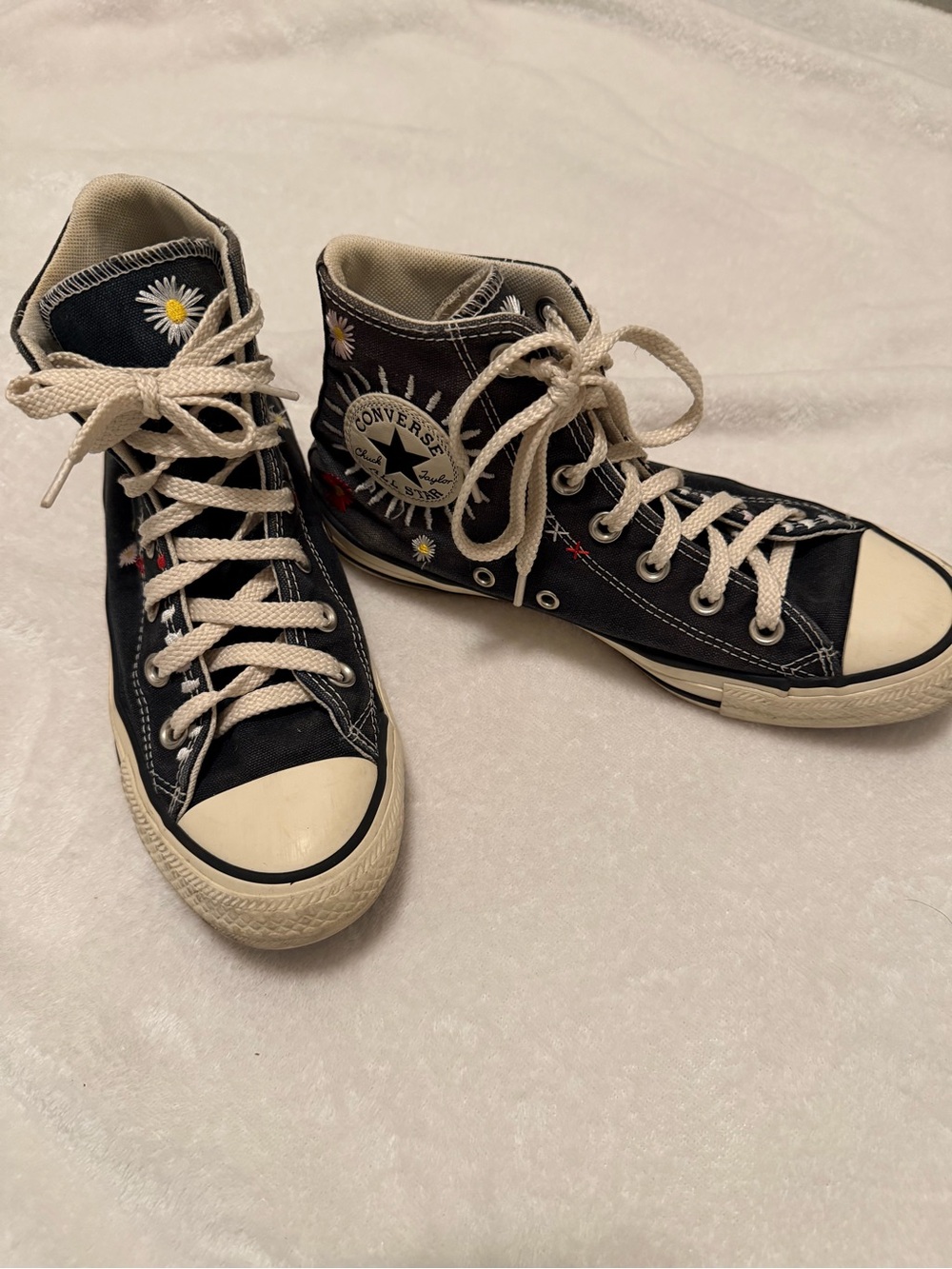 Converse Black High Top Sneakers with Daisy Embroidery